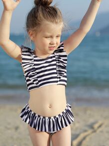 Young Girl Striped Ruffle Trim Bikini Set Summer Beach - Blue and White - View 7