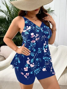 Plus Size Floral Print Asymmetrical Hem Tankini Summer Beach - Navy Blue - View 1