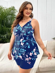 Plus Size Floral Print Asymmetrical Hem Tankini Summer Beach - Navy Blue - View 3