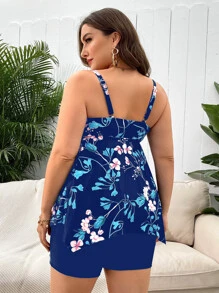 Plus Size Floral Print Asymmetrical Hem Tankini Summer Beach - Navy Blue - View 2