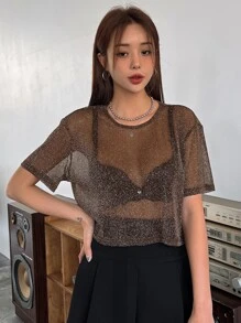 Glitter Drop Shoulder Mesh Top Without Bra - Coffee Brown - View 1