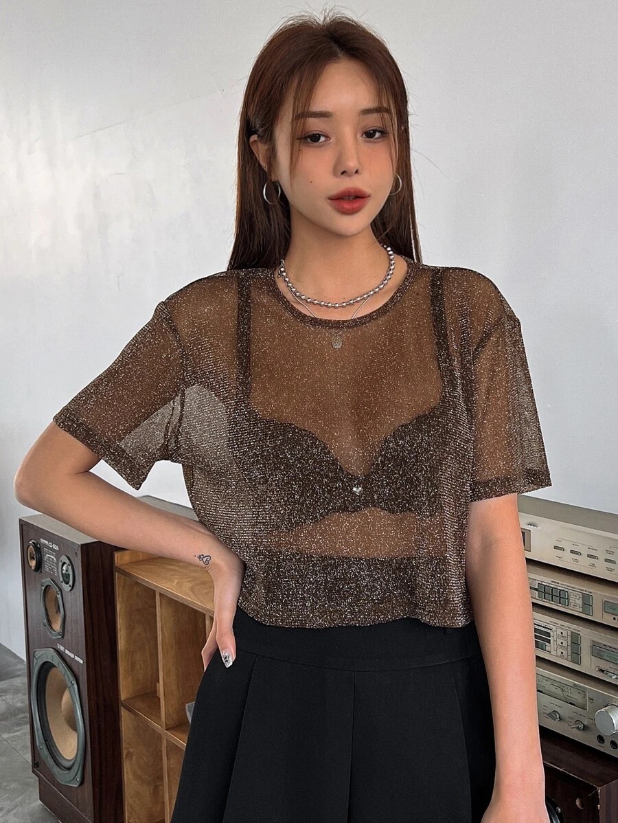Glitter Drop Shoulder Mesh Top Without Bra - Coffee Brown - View 1