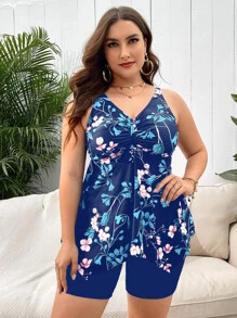 Plus Size Floral Print Asymmetrical Hem Tankini Summer Beach - Navy Blue - View 4