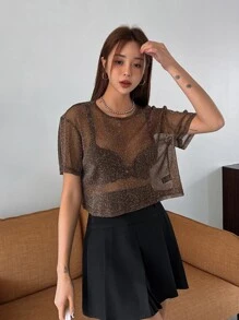 Glitter Drop Shoulder Mesh Top Without Bra - Coffee Brown - View 4