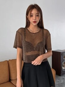 Glitter Drop Shoulder Mesh Top Without Bra - Coffee Brown - View 5