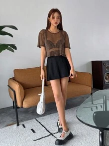 Glitter Drop Shoulder Mesh Top Without Bra - Coffee Brown - View 6