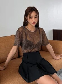 Glitter Drop Shoulder Mesh Top Without Bra - Coffee Brown - View 7