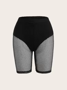 SHEIN ICON Music Festival Rave Solid Fishnet Insert Biker Black Shorts - Black - View 8