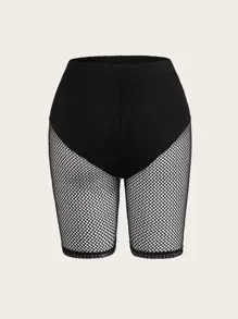 SHEIN ICON Music Festival Rave Solid Fishnet Insert Biker Black Shorts - Black - View 9