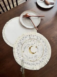 1 pieza Mantel individual con patrón de luna y estrella moderno poliéster con diseño de fleco para casa
