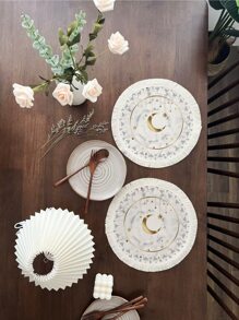 1 pieza Mantel individual con patrón de luna y estrella moderno poliéster con diseño de fleco para casa
