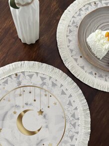 1 pieza Mantel individual con patrón de luna y estrella moderno poliéster con diseño de fleco para casa