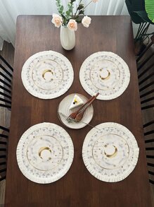 1 pieza Mantel individual con patrón de luna y estrella moderno poliéster con diseño de fleco para casa
