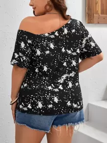 SHEIN CURVE+ Kích thước lớn Ngắn tay Bất đối xứng Đường viền cổ áo Áo thun Với In Thiết kế - Nhiều màu - Xem 3