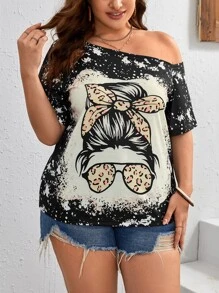 SHEIN CURVE+ Kích thước lớn Ngắn tay Bất đối xứng Đường viền cổ áo Áo thun Với In Thiết kế - Nhiều màu - Xem 4