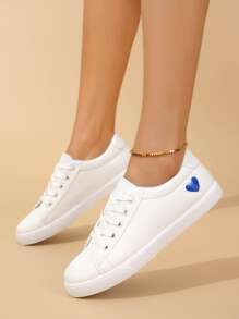 女式運動滑板鞋心形圖案前繫帶運動鞋