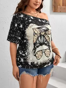 SHEIN CURVE+ Kích thước lớn Ngắn tay Bất đối xứng Đường viền cổ áo Áo thun Với In Thiết kế - Nhiều màu - Xem 5