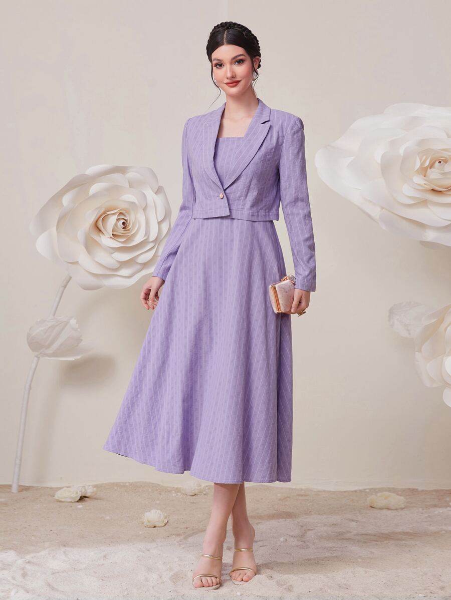 Modelyn Striped Print A-line Dress & Lapel Neck Single Button Blazer - Lilac Purple - View 1