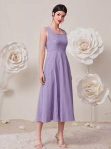 Modelyn Striped Print A-line Dress & Lapel Neck Single Button Blazer - Lilac Purple - View 3