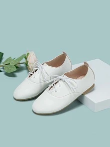 女孩繫帶學院戶外白色牛津平底鞋