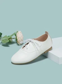 女孩繫帶學院戶外白色牛津平底鞋