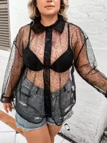 SHEIN LUNE Áo sơ mi Plus Size cắt Nút phía trước màu trơn Gợi cảm - màu đen - Xem 1