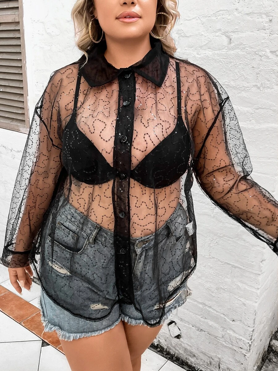 SHEIN LUNE Áo sơ mi Plus Size cắt Nút phía trước màu trơn Gợi cảm - màu đen - Xem 1