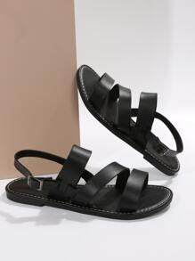 Women Buckle Decor Flat Sandals, Fashionable Slingback Sandals For Beach - Black - View 4