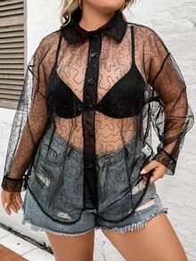 SHEIN LUNE Áo sơ mi Plus Size cắt Nút phía trước màu trơn Gợi cảm - màu đen - Xem 4
