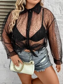SHEIN LUNE Áo sơ mi Plus Size cắt Nút phía trước màu trơn Gợi cảm - màu đen - Xem 5