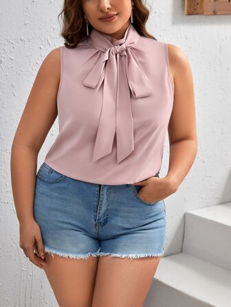 SHEIN Privé 大碼繫帶領無袖前繫帶襯衫