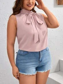 SHEIN Privé Plus Tie Neck Sleeveless Tie Front Blouse - Dusty Pink - View 5