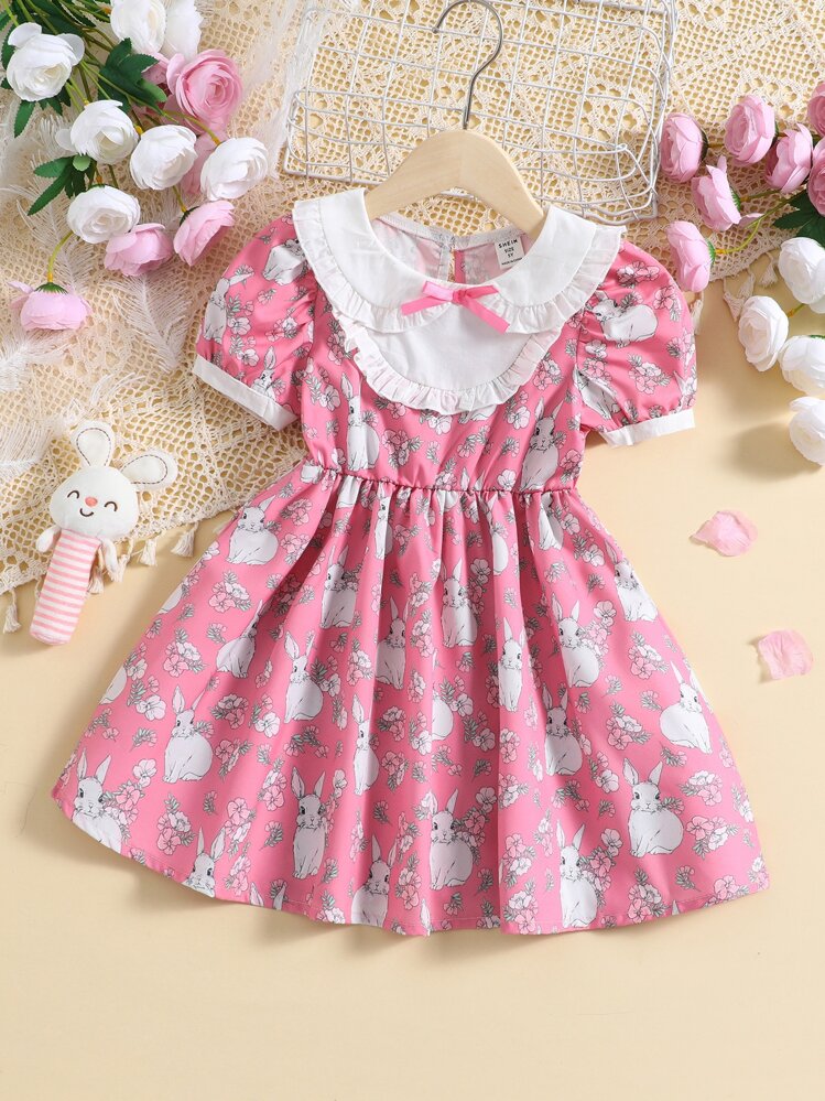 Young Girl Pink Cute Cartoon Floral Printed Short Sleeve Peter Pan Collar Princess Dress For Summer - Pink - View 1
