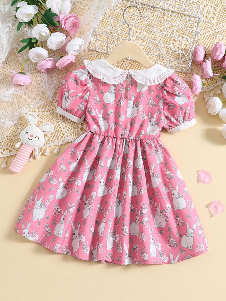 Young Girl Pink Cute Cartoon Floral Printed Short Sleeve Peter Pan Collar Princess Dress For Summer - Pink - View 2