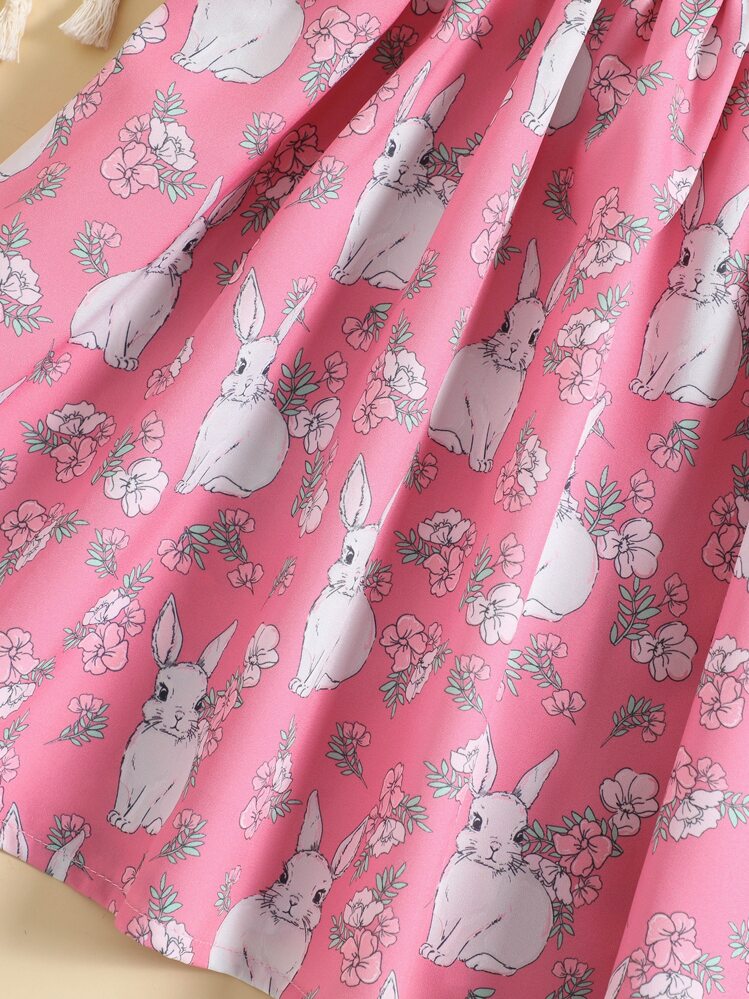 Young Girl Pink Cute Cartoon Floral Printed Short Sleeve Peter Pan Collar Princess Dress For Summer - Pink - View 6