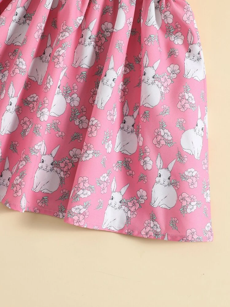 Young Girl Pink Cute Cartoon Floral Printed Short Sleeve Peter Pan Collar Princess Dress For Summer - Pink - View 7