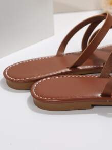 女士交叉腳趾環平底時尚棕色T字帶涼鞋適用於海灘 - 鏽棕色 - 查看 3