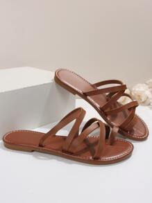 女士交叉腳趾環平底時尚棕色T字帶涼鞋適用於海灘 - 鏽棕色 - 查看 4