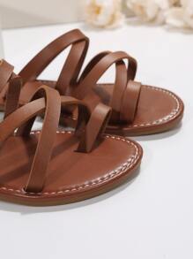 女士交叉腳趾環平底時尚棕色T字帶涼鞋適用於海灘 - 鏽棕色 - 查看 5