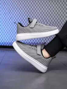 Sporty Skate Shoes For Boys, Striped Pattern Hook-and-loop Fastener Strap Sneakers - Grey - View 1