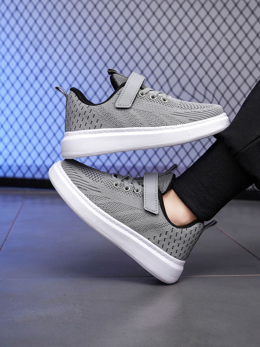 Sporty Skate Shoes For Boys, Striped Pattern Hook-and-loop Fastener Strap Sneakers - Grey - View 1