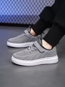 Sporty Skate Shoes For Boys, Striped Pattern Hook-and-loop Fastener Strap Sneakers - Grey - View 2