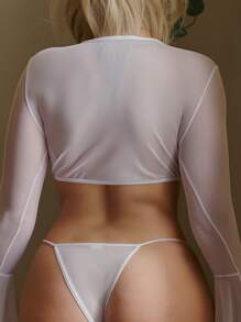 ROMWE Fairycore Solid Mesh Criss Cross Flounce Sleeve Lingerie Set - White - View 2