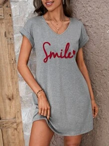SHEIN LUNE Vestido estilo camiseta con estampado de letra doblado - Gris - Ver 2