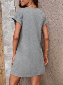 SHEIN LUNE Vestido estilo camiseta con estampado de letra doblado - Gris - Ver 3