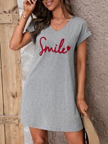SHEIN LUNE Vestido estilo camiseta con estampado de letra doblado - Gris - Ver 4