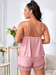 Conjunto de pijama shorts con top de tirantes con encaje en contraste - Rosa Pálido - Ver 2