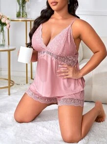 Conjunto de pijama shorts con top de tirantes con encaje en contraste - Rosa Pálido - Ver 4