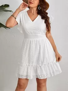 SHEIN Privé Vestido schiffy con bordado con ojal de manga mariposa bajo con fruncido - Blanco - Ver 1