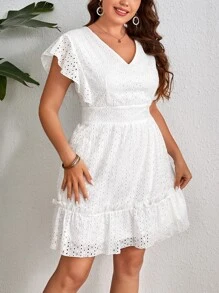 SHEIN Privé Vestido schiffy con bordado con ojal de manga mariposa bajo con fruncido - Blanco - Ver 4